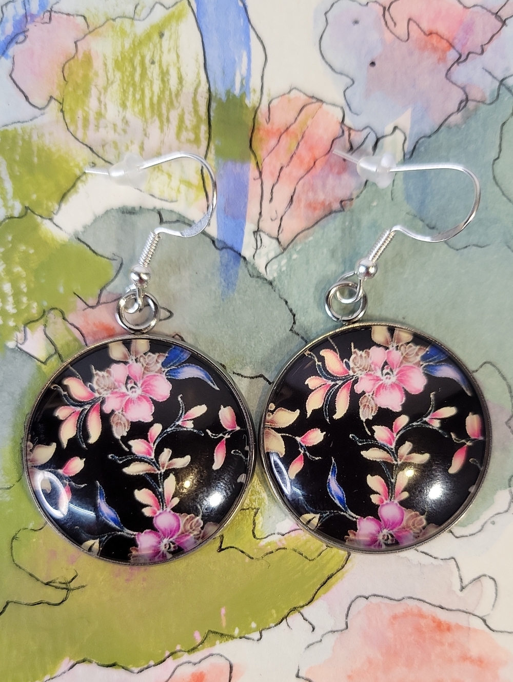 Dangle Earrings~"Moon Garden"~Sterling Silver Ear Wires~Original Watercolor ACEO
